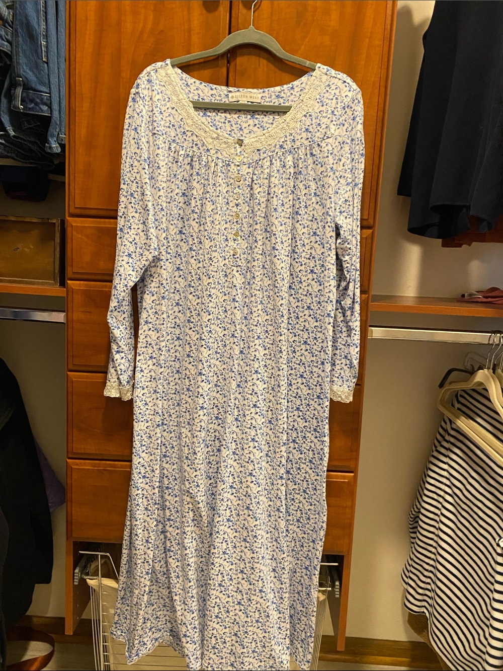 Eileen West Blue Floral Lace-Trim Maxi Nightgown